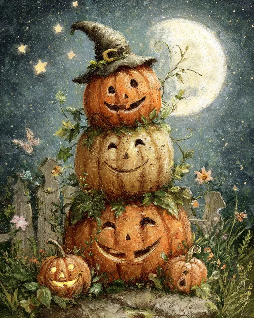 A whimsical Halloween scene depicts three jack-o'-lanterns stacked atop each other, the topmost wearing a witch's hat.  They sit nestled amongst autumnal foliage, near a weathered fence, under a large full moon and starry night sky. Two smaller pumpkins flank the stack, adding to the charming, autumnal ambiance.  The overall style is rustic and slightly spooky, yet undeniably cute.