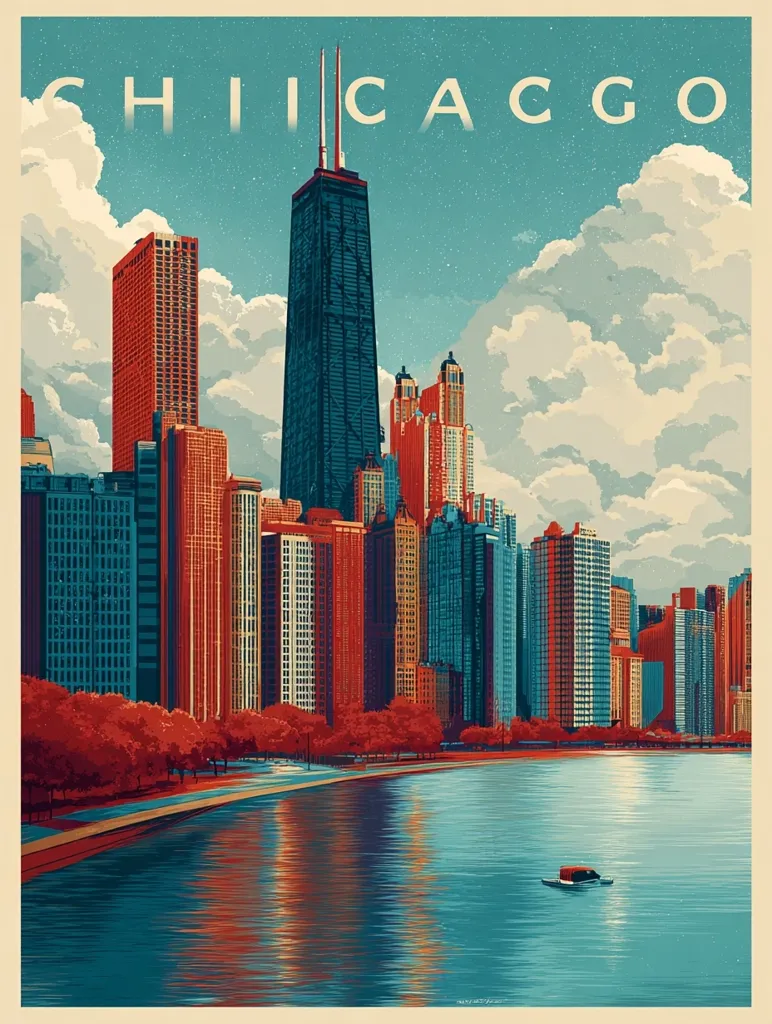 A vibrant vintage-style poster depicts the Chicago skyline.  The Willis Tower (formerly Sears Tower) dominates the center, surrounded by a cluster of skyscrapers in shades of red, teal, and orange.  A calm lake stretches across the foreground, reflecting the city's colors, with a small boat visible. Lush autumnal trees line the waterfront, adding to the picturesque scene. The word "CHICAGO" is prominently displayed at the top. The overall style evokes a nostalgic, travel-inspired aesthetic.
