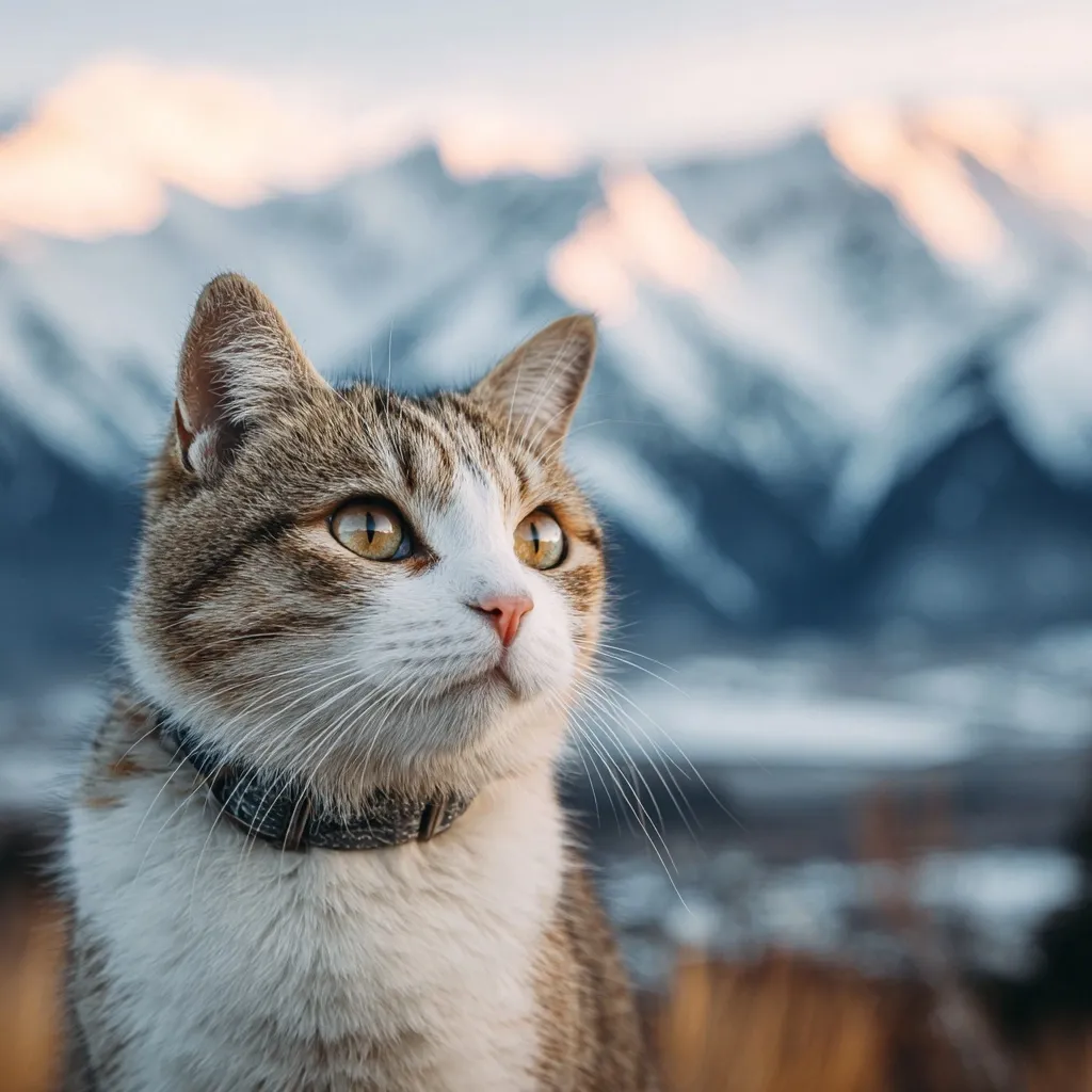 A tabby cat with striking yellow eyes gazes intently into the distance.  It wears a grey collar and its fur is a blend of brown, white, and grey. The background is softly blurred, showcasing a majestic mountain range under a muted sky, creating a serene and picturesque setting. The cat appears calm and observant, enjoying the expansive view.