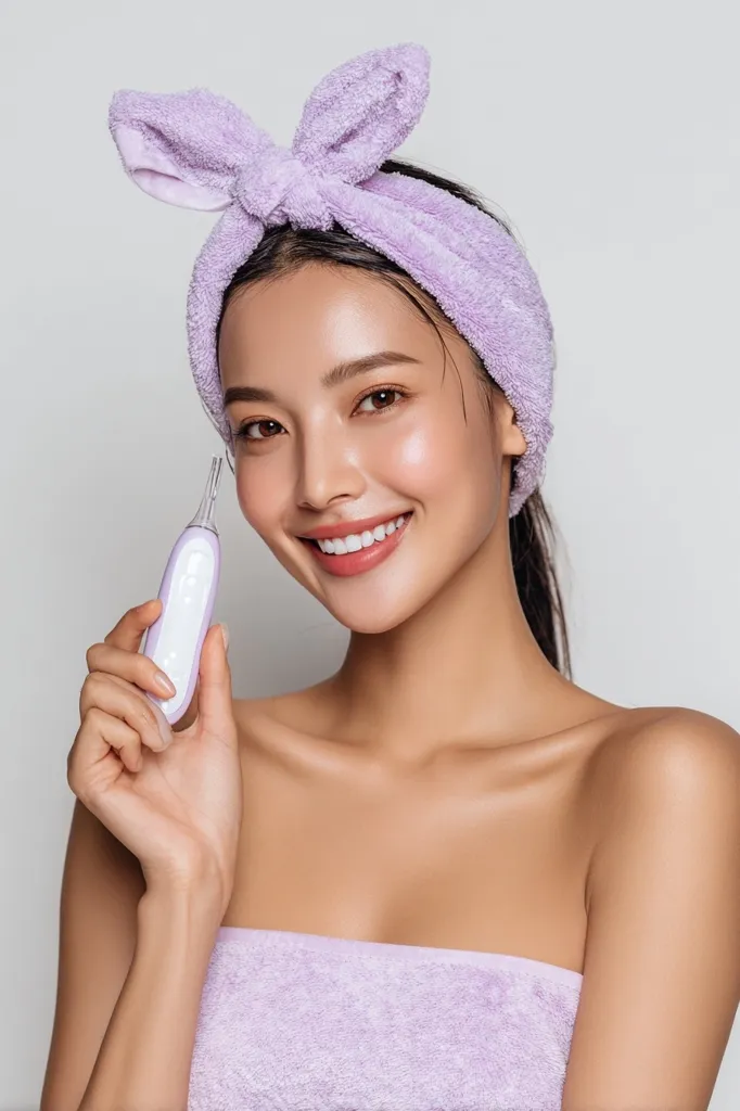 A young woman with a lavender towel headband smiles while holding a small, lavender and white electronic device.  She has clear skin and is wearing a matching lavender towel wrap. The image suggests a beauty or skincare product advertisement.  Her expression is cheerful and confident.
