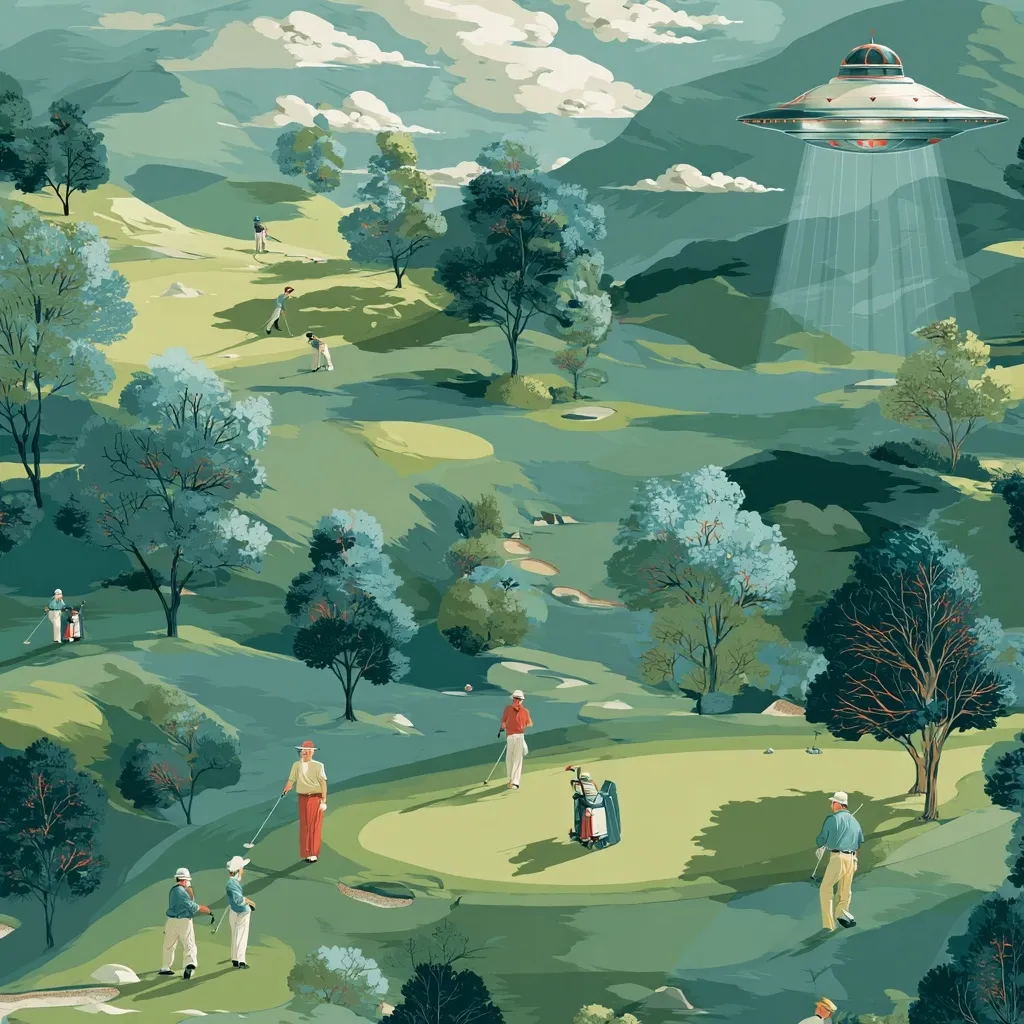 A serene golf course unfolds beneath a vibrant sky, dotted with players engrossed in their game.  Rolling green hills and lush trees create a picturesque landscape.  Above, a flying saucer hovers, casting a beam of light onto the scene, adding a touch of surrealism to the idyllic setting.  The artwork depicts a blend of tranquility and unexpected otherworldly presence.