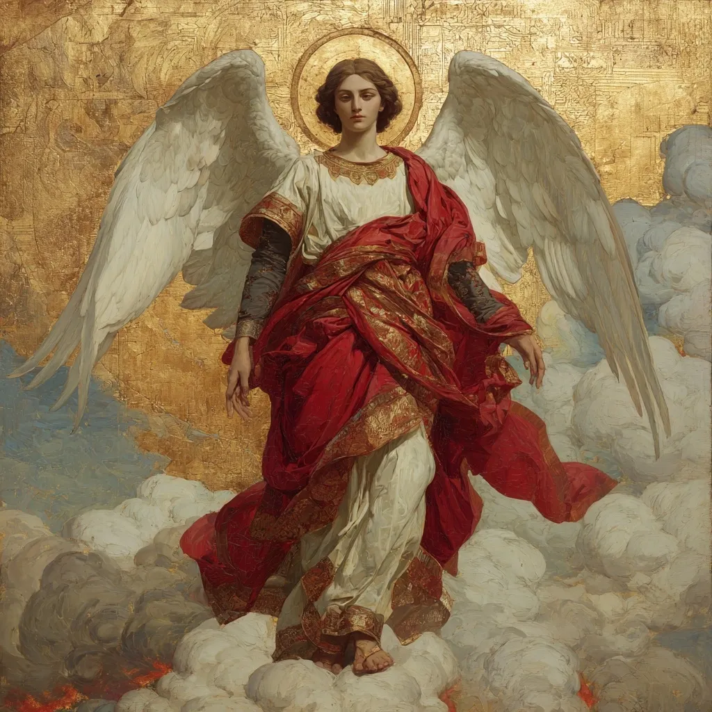The painting depicts an angel, adorned in a flowing white robe draped with a crimson garment trimmed in gold.  Large, white wings extend from its back, and a golden halo encircles its head. The angel's expression is serene, and it stands on clouds against a gold-leaf background, suggesting a heavenly setting. The style is reminiscent of classical religious art, with meticulous detail in the figure's attire and the textural rendering of the clouds and wings.