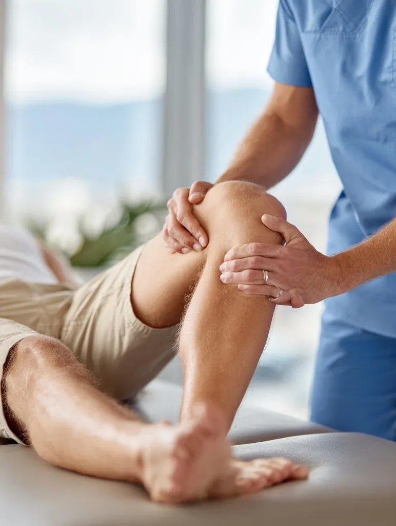 A physical therapist gently examines a patient's knee, carefully manipulating the joint. The patient lies on a massage table, their leg extended.  The therapist's hands are positioned around the knee, suggesting a check for range of motion or potential injury. The focus is on the interaction between the therapist and the patient, emphasizing the professional and careful nature of the examination.