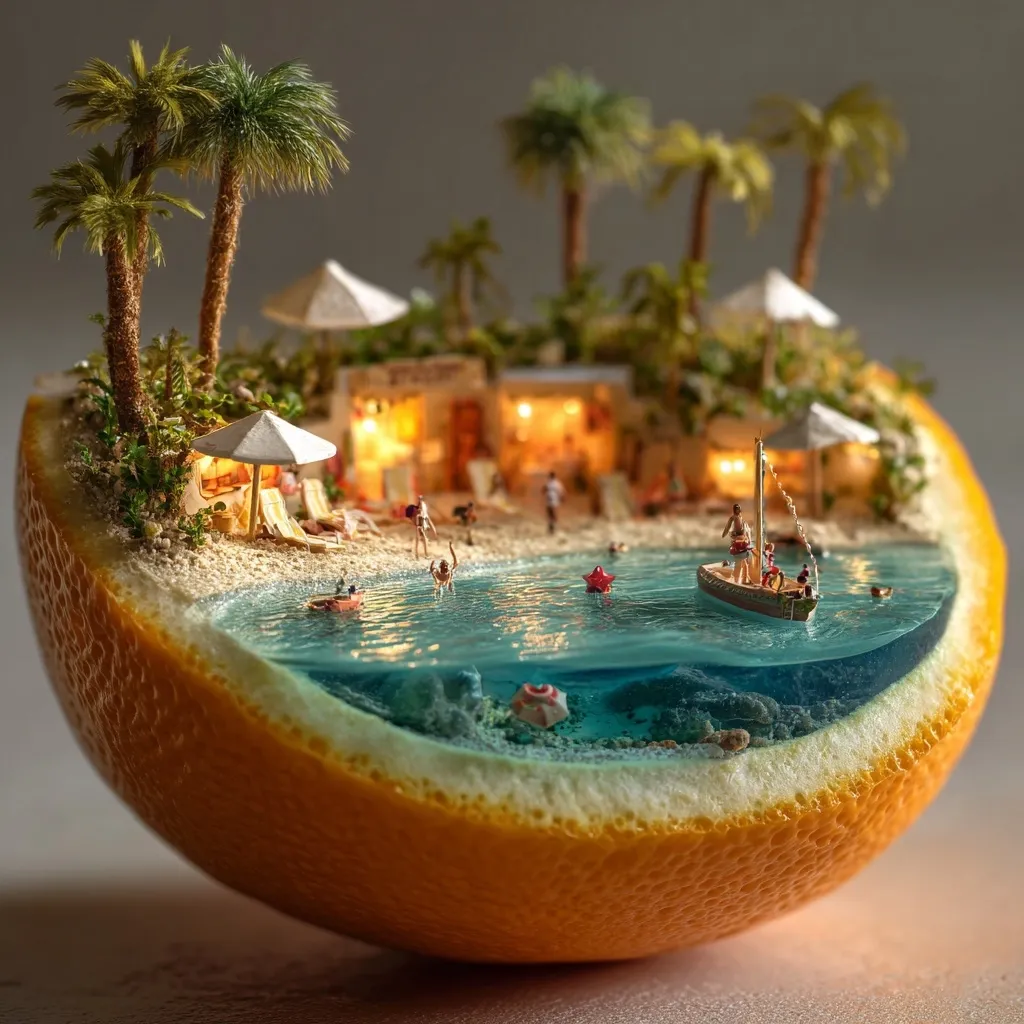 A miniature tropical beach scene is nestled inside a hollowed-out orange.  Palm trees, beach umbrellas, tiny buildings with warm lights, and miniature people enjoying the beach and ocean are meticulously crafted. A small sailboat floats on the calm, clear water, with coral and marine life visible beneath the surface. The vibrant orange peel forms a natural bowl, creating a whimsical and captivating diorama.
