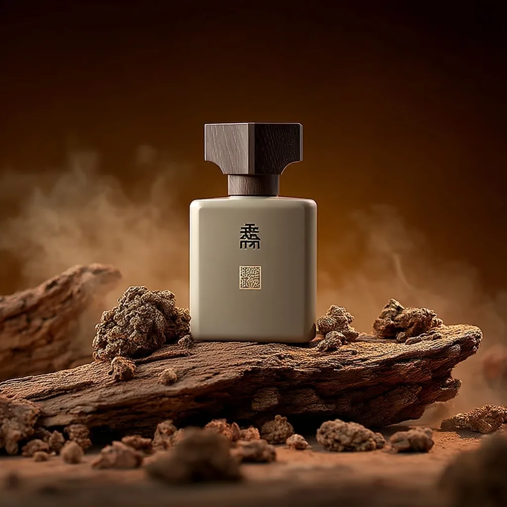 A bottle of perfume sits on a piece of wood, surrounded by small, dark brown rocks. The bottle is rectangular with a dark wood cap and features Asian characters on its label.  A smoky, earthy atmosphere is created through lighting and the background. The overall aesthetic is sophisticated and evokes a sense of natural luxury.