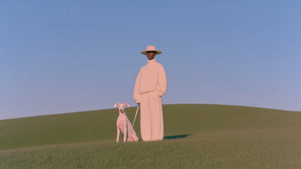 A person in a cream-colored fluffy sweater and pants stands in a grassy field under a clear blue sky.  They wear a wide-brimmed hat and hold a leash attached to a small, white dog sitting calmly beside them. The overall aesthetic is minimalist and serene, with soft pastel tones dominating the image.