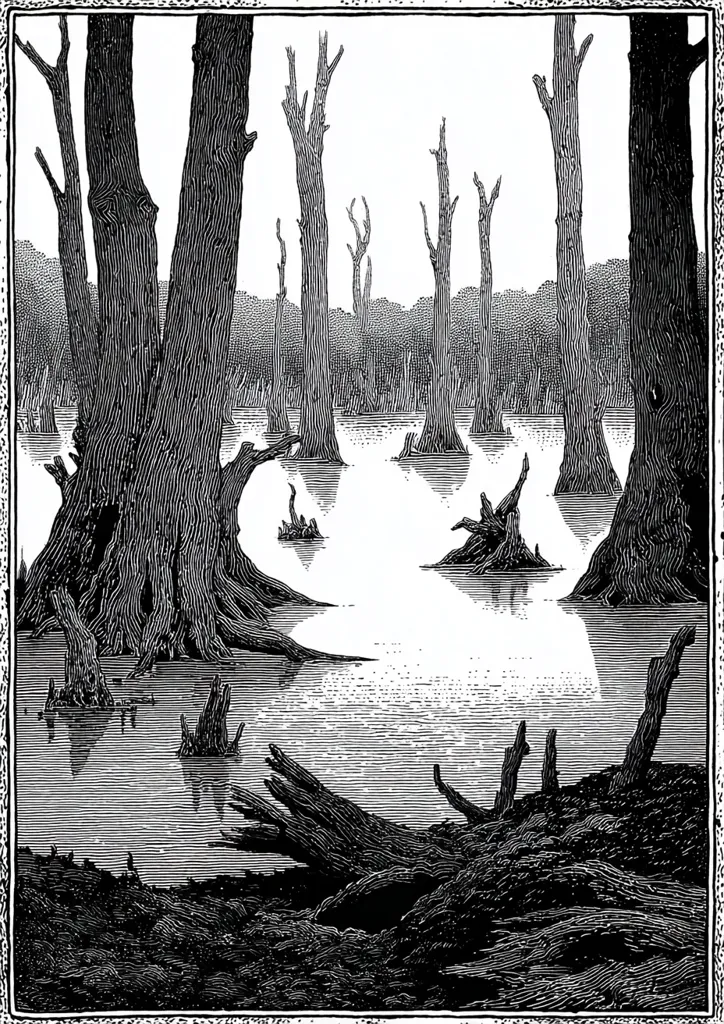 A black and white wood engraving depicts a swampy landscape.  Tall, slender trees rise from still, dark water, their reflections mirrored on the surface.  Some trees are bare, others full, creating a haunting, atmospheric scene.  Fallen logs and stumps litter the foreground, adding to the sense of age and decay. The overall style is detailed and evocative, suggesting a quiet, mysterious place.