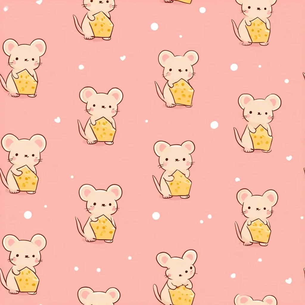 A repeating pattern of adorable cartoon mice on a pink background. Each mouse holds a large piece of yellow cheese.  White dots and small hearts are scattered across the design, adding a playful touch. The overall style is cute and whimsical, perfect for children's products or stationery.