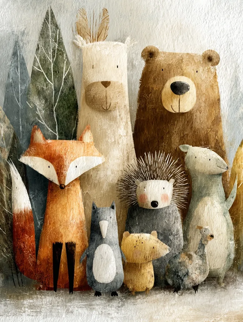 A charming illustration depicts a group of woodland creatures gathered together.  A large deer, bear, and fox stand prominently, with a hedgehog, smaller animals, and a bird nestled amongst them. The style is whimsical and textured, using muted earth tones and a slightly distressed aesthetic.  The animals appear friendly and create a heartwarming scene.  The backdrop suggests a forest setting.