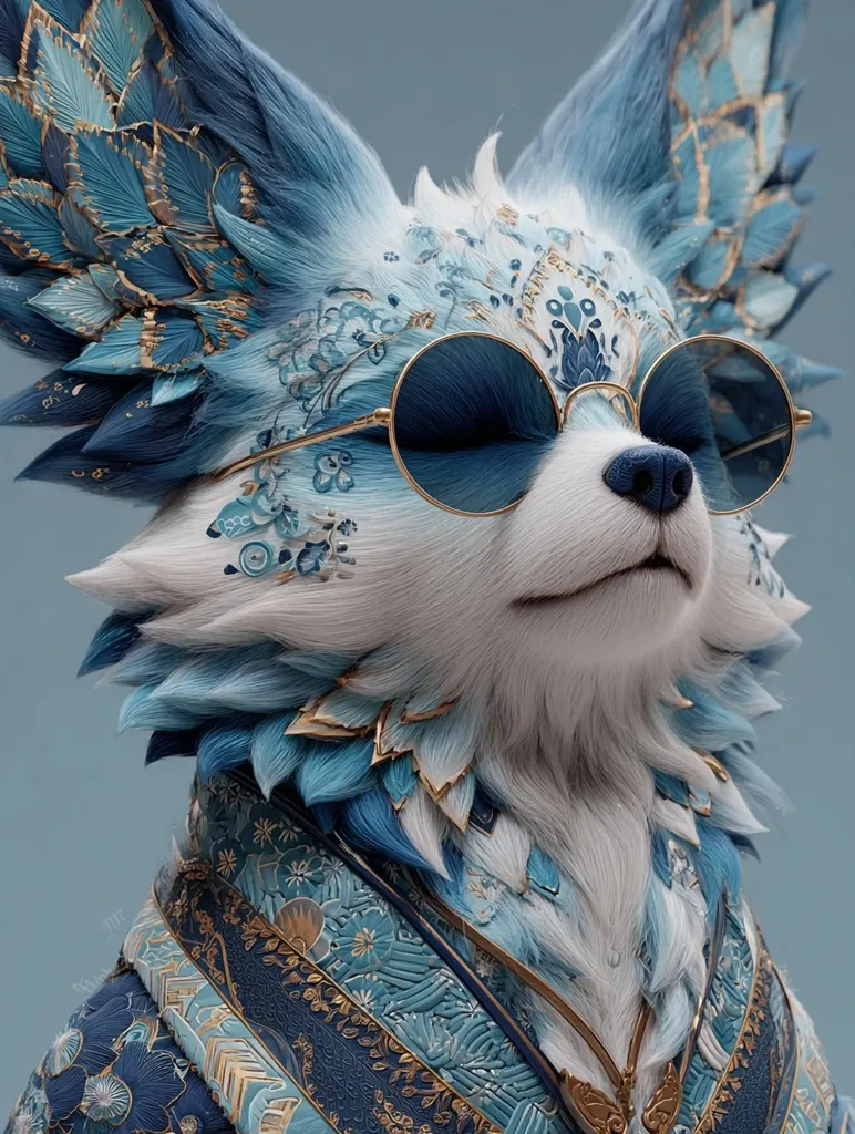 A digital rendering of a stylized fox-like creature.  Its fur is predominantly white and light blue, adorned with intricate, ornate blue and gold detailing that resembles feathers and floral patterns.  Large, round blue sunglasses rest on its face.  The creature appears calm and serene, wearing a richly patterned blue and gold garment. The overall aesthetic is elegant and fantastical.