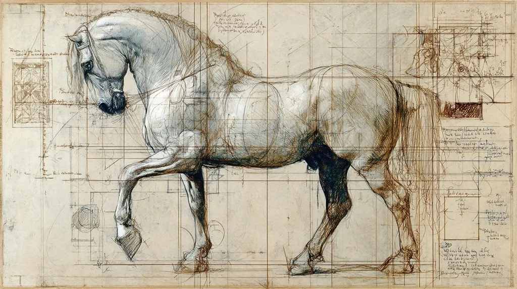 A detailed pencil sketch of a light gray horse, rendered in profile view.  The artwork is overlaid with a complex grid and geometric annotations, reminiscent of anatomical studies or engineering blueprints.  The horse's musculature and form are meticulously depicted, showcasing the artist's keen observation skills. The background features handwritten notes and sketches, adding to the technical and artistic depth of the piece.