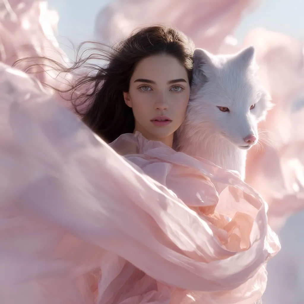 A young woman with long dark hair is embraced by a white arctic fox.  She wears a delicate, flowing pink gown that billows around them.  The ethereal scene is bathed in soft, diffused light, creating a dreamy, romantic atmosphere.  The image evokes a sense of serenity and connection between human and animal.
