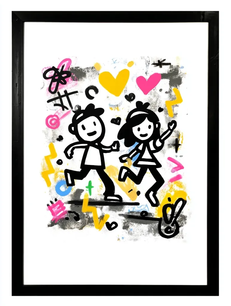 A framed artwork depicts two simple cartoon figures, a boy and a girl, joyfully running amidst a vibrant graffiti-style backdrop.  Hearts, lightning bolts, and other playful symbols are scattered around them in bright, contrasting colors. The style is bold and energetic, evoking a sense of youthful exuberance and fun.  The black frame provides a sharp contrast to the colorful chaos within.