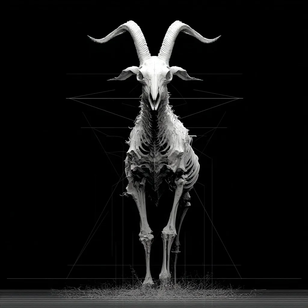 A monochromatic 3D rendering depicts a skeletal goat, its skull detailed and horns curving backward.  The goat stands on a minimal, textured ground, against a black background overlaid with faint geometric lines. The image conveys a sense of otherworldliness and perhaps a macabre aesthetic. The skeletal structure is intricately detailed, suggesting careful digital sculpting.