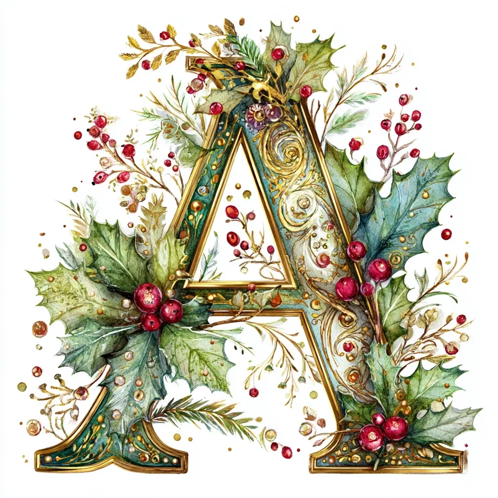 A watercolor illustration of the letter A, adorned with festive Christmas elements.  The letter is rendered in a teal and gold ornate style, embellished with holly leaves, berries, and gold detailing.  Delicate sprigs and winter greenery frame the letter, creating a luxurious and seasonal design, perfect for holiday cards or decorations.