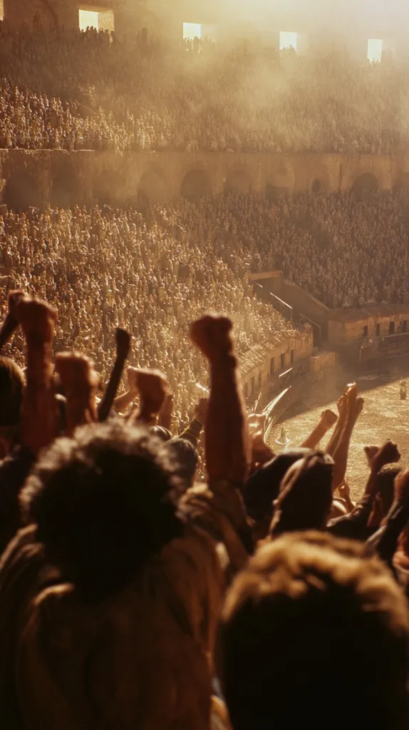 A massive crowd fills a Roman amphitheater, dust motes dancing in the sunlit air.  The spectators, packed into tiered seating, raise their arms in a unified gesture, their faces obscured by the distance and bright light. The atmosphere is charged with excitement and anticipation, the scene suggesting a pivotal moment in a grand spectacle. The ancient stone structure of the arena forms a powerful backdrop to the sea of humanity.