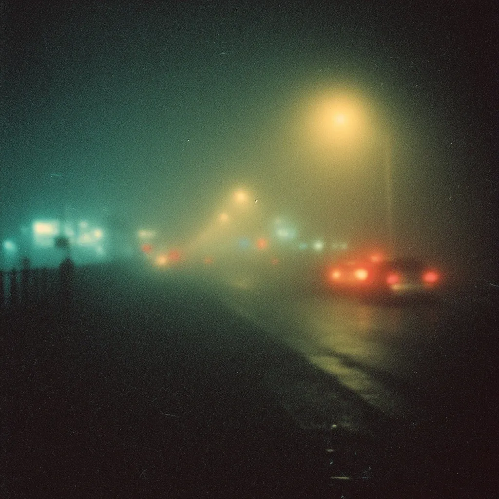 A blurry, nighttime photograph depicts a foggy road scene.  Streetlights glow faintly through the dense fog, illuminating indistinct shapes of vehicles and buildings in the distance. The overall atmosphere is muted and mysterious, with a greenish-yellow tint dominating the image.  The grainy texture suggests a film photograph, adding to the nostalgic and slightly surreal quality.