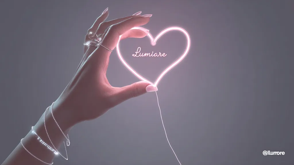 A woman's hand delicately holds a glowing pink neon heart, the word "Lumiara" inscribed within.  She wears several elegant silver bracelets and rings. The image is softly lit against a muted grey background, creating a romantic and ethereal mood. The overall aesthetic is sophisticated and subtly luxurious.
