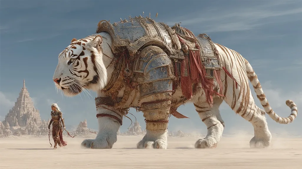 A majestic white tiger, adorned in ornate golden armor and trappings, strides across a desert landscape.  A female warrior in similar attire walks alongside the enormous beast.  Ancient, temple-like structures are visible in the background, creating a scene of fantasy and adventure. The sand is disturbed by the tiger's powerful paws.
