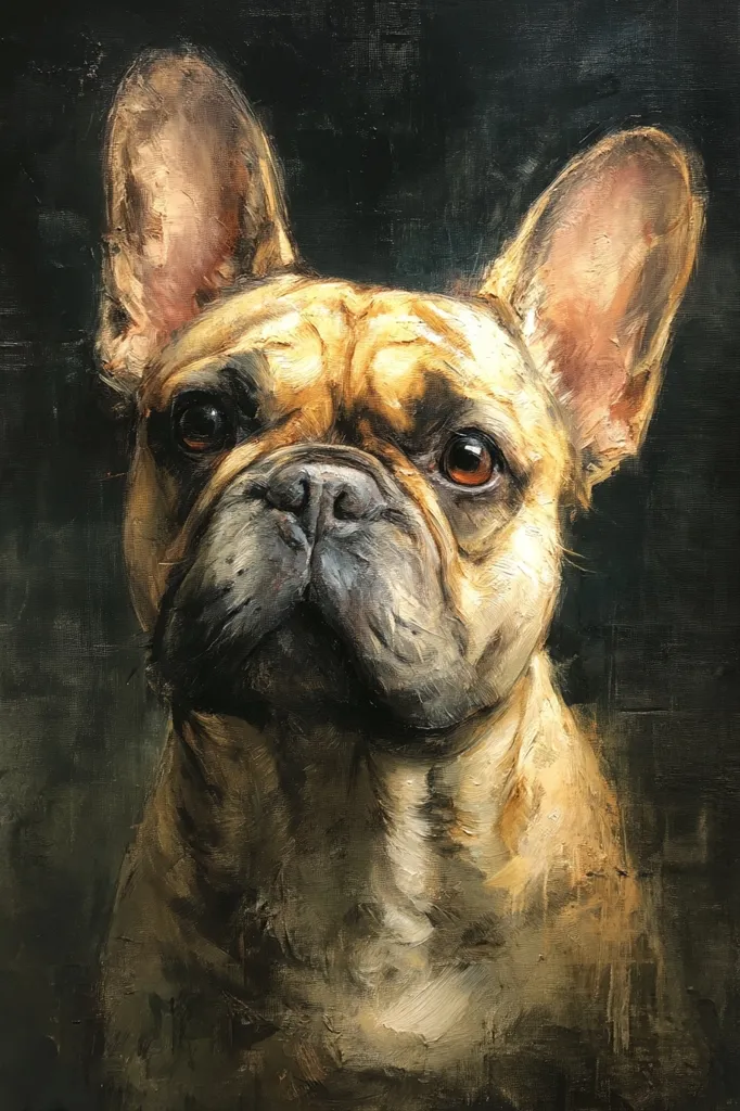 A striking oil painting captures a fawn-colored French Bulldog in a close-up portrait. The dog's expressive eyes and wrinkled face are highlighted with masterful brushstrokes, creating a sense of depth and texture.  The dark background accentuates the dog's light fur, creating a dramatic contrast. The artist's skillful use of light and shadow gives the painting a realistic and almost three-dimensional quality.