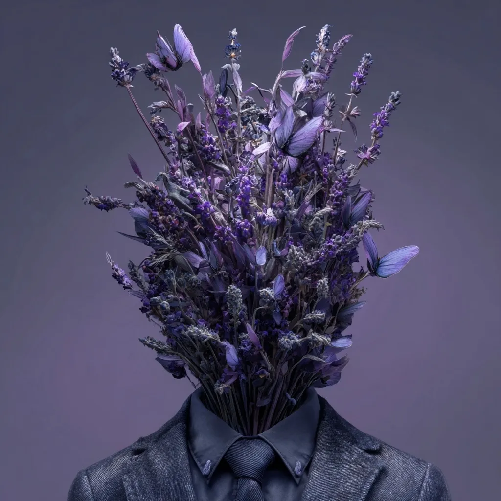 A surreal portrait depicts a figure in a dark suit whose head is replaced by a vibrant bouquet of purple flowers and dried foliage.  The flowers, predominantly lavender hues, are densely packed, creating a striking contrast against the formal attire. The overall tone is moody and evocative, suggesting themes of nature, mortality, or transformation.  The image's monochromatic palette enhances its dreamlike quality.