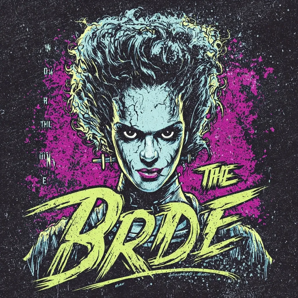 A vibrant, stylized illustration of the Bride of Frankenstein.  Her iconic hairstyle and stitched features are rendered in teal and blue against a purple and black grunge background.  The bold, graffiti-style text "The Bride" dominates the lower half, adding a punk rock aesthetic. The image is a striking blend of classic horror and modern graphic design.