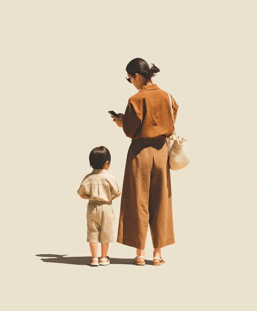 A woman and young child stand facing away from the camera against a light beige background.  The woman, wearing a brown shirt and wide-leg pants, holds a phone and carries a woven bag. The child, in beige shorts and a shirt, stands quietly beside her.  The scene evokes a sense of calm and simple family life.  Sunlight casts subtle shadows.