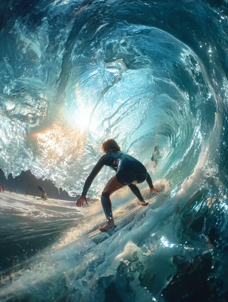 A surfer rides a powerful wave, the turquoise water swirling around them in a mesmerizing barrel. Sunlight streams from above, illuminating the crystalline ocean.  The surfer, in a dark wetsuit, is crouched low, focused on navigating the intense curl. Another surfer is visible further up the wave, showcasing the thrilling energy of this ocean encounter.