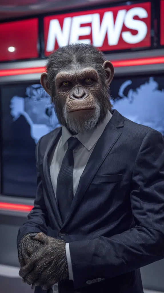 A chimpanzee in a dark suit and tie stands before a news backdrop.  Its serious expression and formal attire create a striking contrast.  The world map visible on a screen behind subtly hints at a global context. The image evokes themes of intelligence, power, and perhaps satire, questioning traditional notions of authority.
