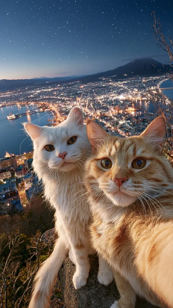 Two cats take a selfie against a breathtaking backdrop.  A white cat and an orange tabby sit perched on a rock, overlooking a glittering city at night.  The cityscape sprawls below, illuminated by countless lights, with a dark mountain and starry night sky visible in the distance.  It's a stunning view, perfectly captured by the feline photographers.