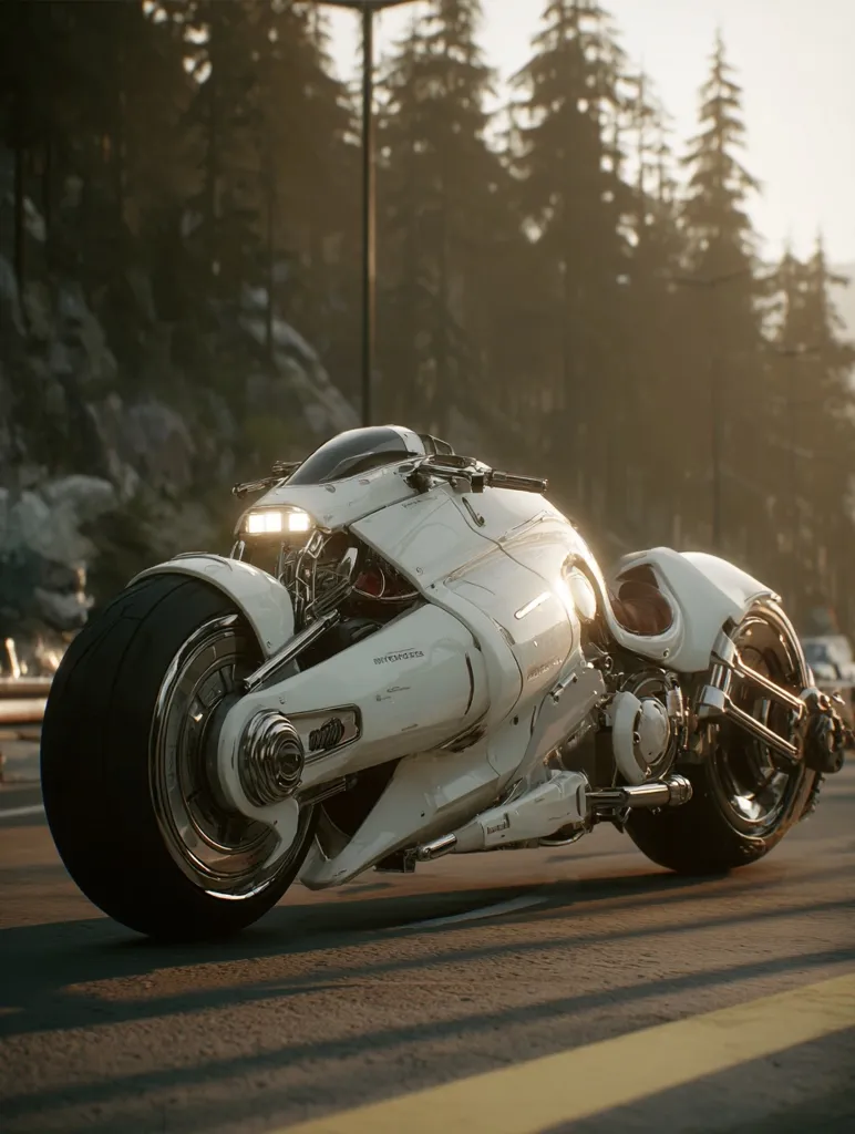 A futuristic white motorcycle is parked on a road, with a backdrop of a sun-drenched forest. The bike's design is sleek and aerodynamic, featuring large wheels, exposed engine parts, and bright headlights.  The overall aesthetic is one of high-tech elegance, suggesting a vehicle from a science fiction setting.  The warm sunlight casts shadows on the asphalt, enhancing the image's dramatic mood.