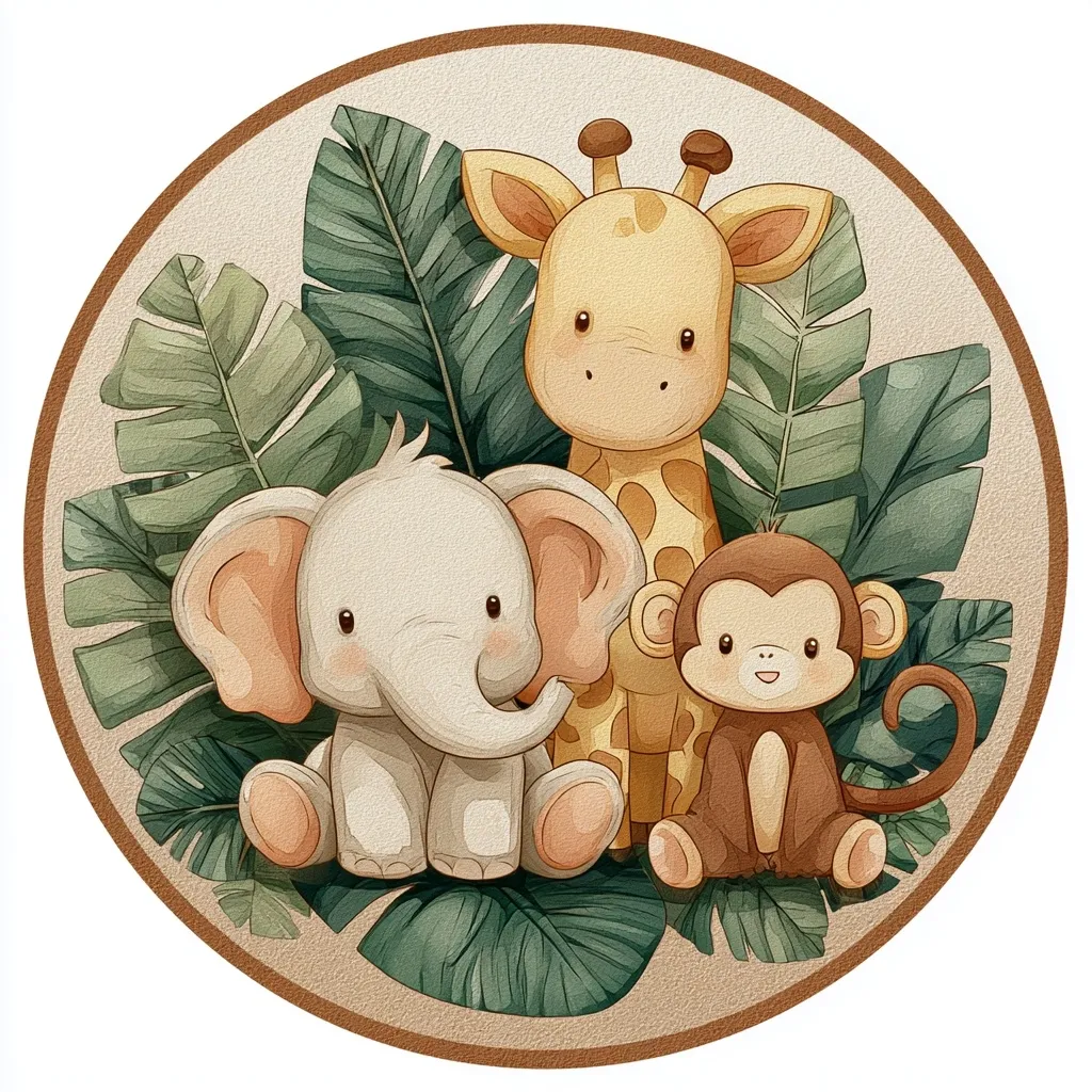 A charming illustration features a baby elephant, giraffe, and monkey nestled amongst lush tropical leaves.  The animals are depicted in a cute, cartoon style with soft pastel colors.  The circular design is framed by a textured brown border, creating a whimsical and inviting image, perfect for children's decor or apparel.