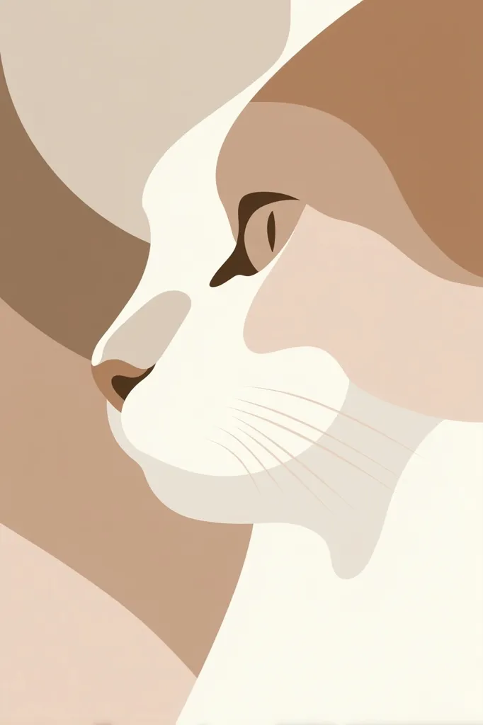 A stylized illustration of a cat's head and shoulders, rendered in soft, muted earth tones.  The cat is depicted in profile, its eye visible, and its features are simplified into smooth curves and subtle shading.  The background is composed of abstract shapes in complementary beige and brown hues, creating a calming and minimalist aesthetic. The overall impression is one of serenity and gentle elegance.