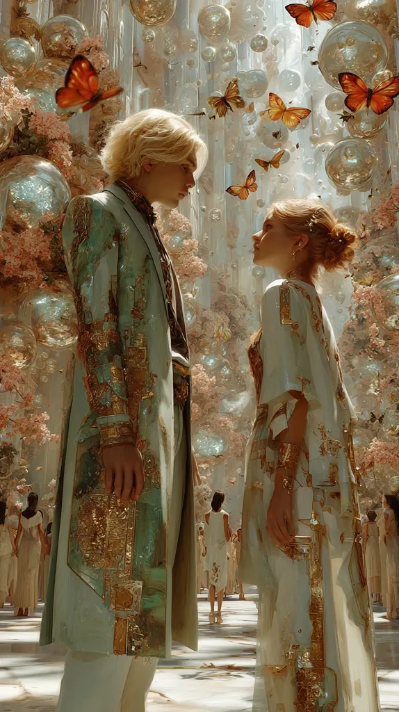 A young man and woman, elegantly dressed in ornate, light-green and gold attire, stand facing each other in a dreamy, ethereal setting.  Surrounding them are floating bubbles, delicate blossoms, and fluttering butterflies.  Other figures in similar attire are visible in the background, suggesting a grand occasion or ceremony within a fantastical, light-filled space.  The scene evokes a sense of romance and otherworldly beauty.