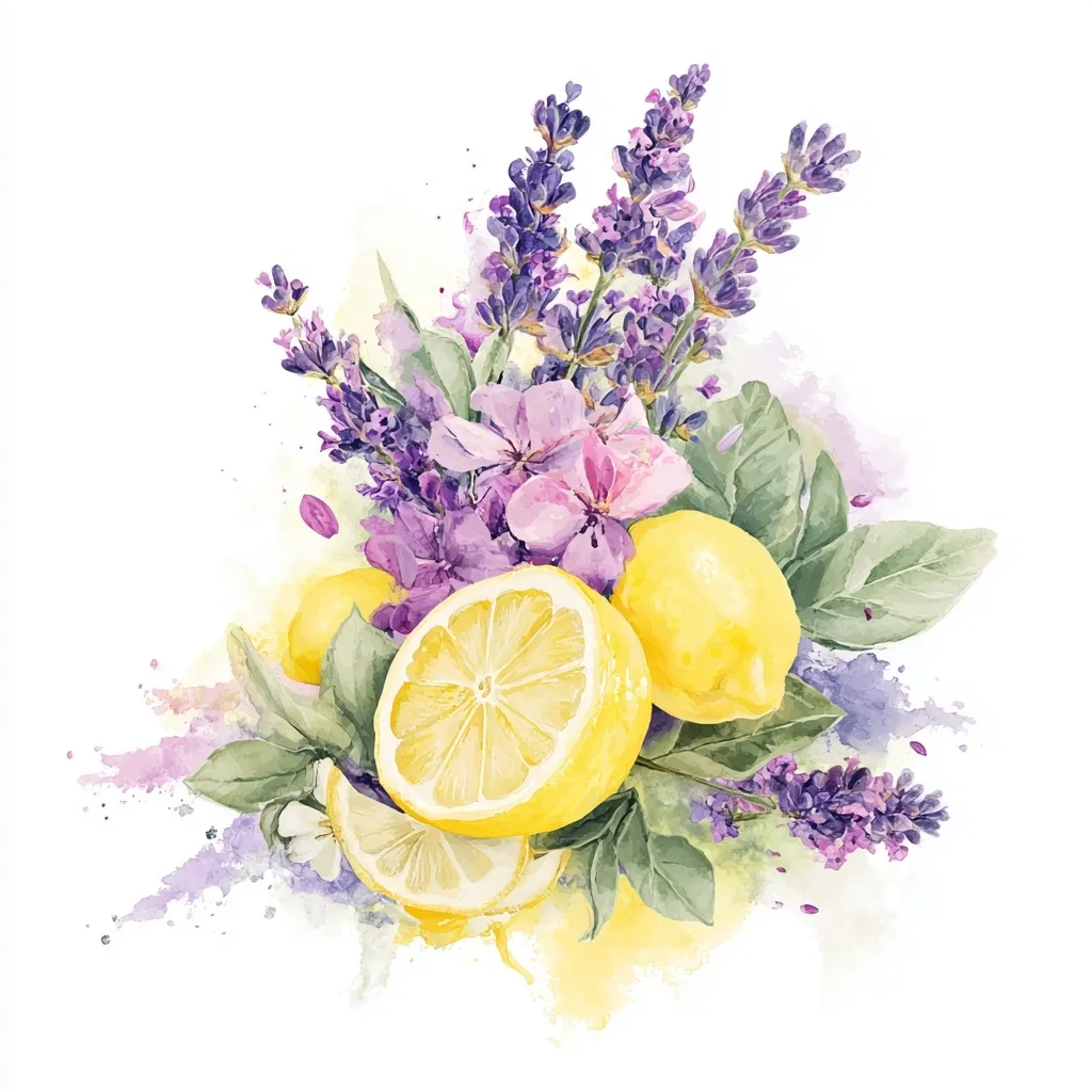 A watercolor painting depicts a vibrant arrangement of lemons and lavender.  Two whole lemons and a lemon slice are nestled amongst sprigs of lavender and delicate pink flowers. The composition is splashed with watercolor effects, creating a bright and airy feel.  The overall image evokes a sense of freshness and summer.