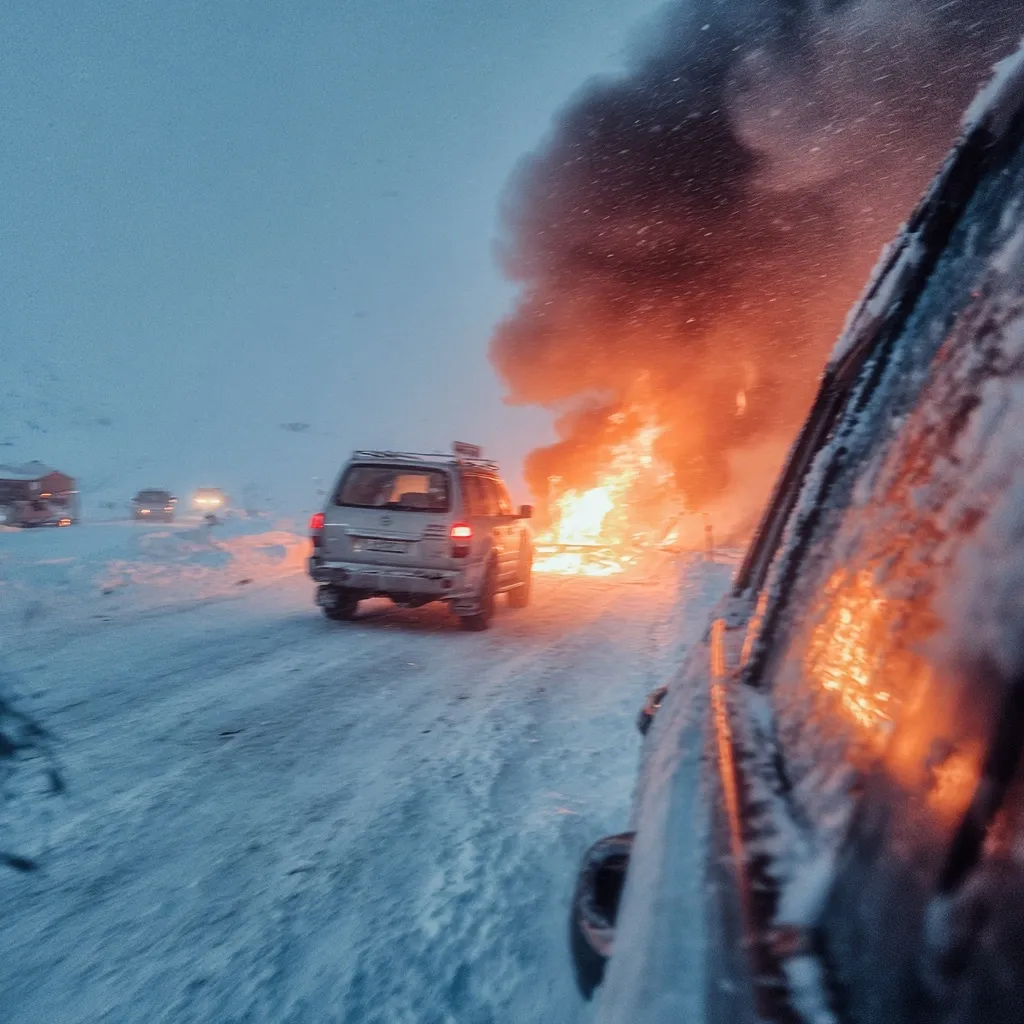 A silver SUV drives past a fiery car crash on a snow-covered road.  Thick black smoke billows into the snowy sky, the flames illuminating the scene in an ominous orange glow.  Another vehicle, partially visible, is covered in snow, witnessing the unfolding event. The wintry conditions add to the dramatic and dangerous atmosphere.