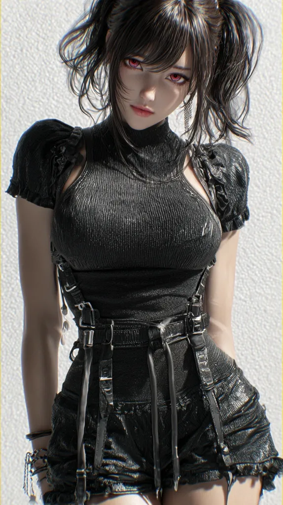 A digital illustration depicts a young woman with dark hair styled in pigtails.  She wears a black, ribbed, high-necked top and matching shorts with intricate straps and buckles.  Her expression is serious, and her eyes are a striking red. The overall style is dark and edgy, with a hint of gothic influence. The background is a simple, light gray.