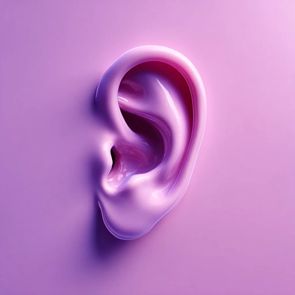 A close-up shot reveals a single human ear, rendered in a vibrant, glossy lavender hue.  The ear's form is smooth and sculpted, appearing almost liquid in its texture.  It's set against a matching lavender background, creating a monochromatic and visually striking image. The lighting accentuates the ear's curves and highlights its glossy surface.