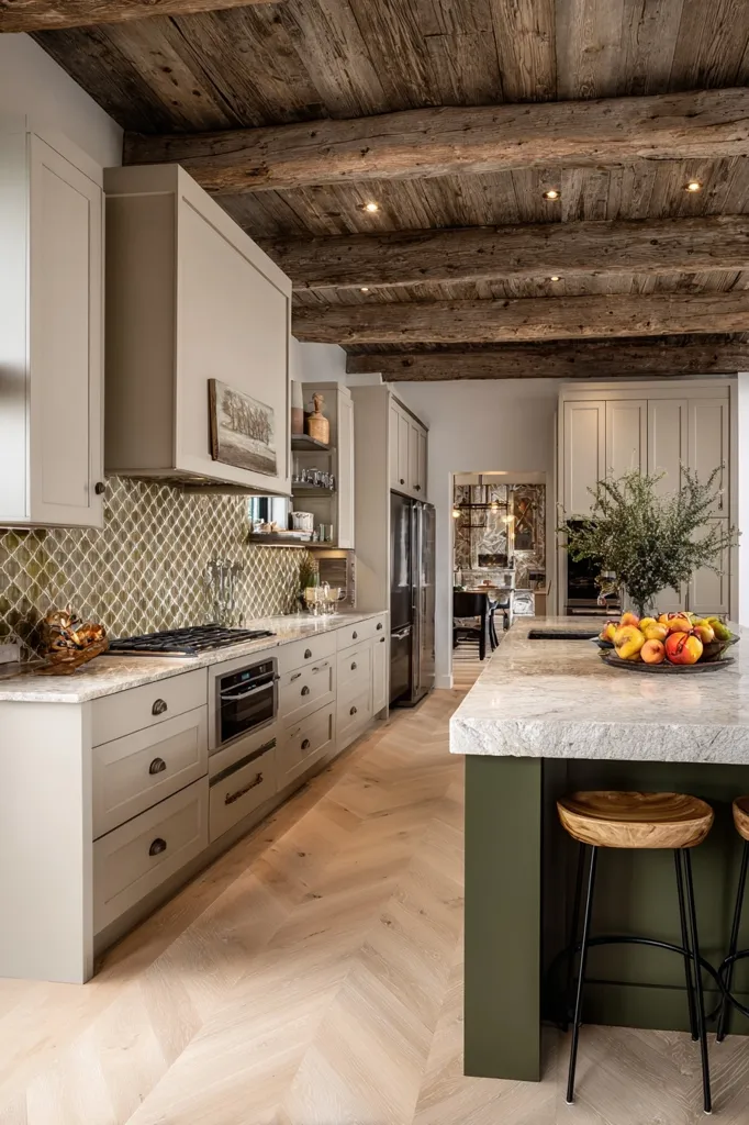 A spacious kitchen boasts a rustic-chic design.  Light beige cabinetry and herringbone wood flooring contrast beautifully with a dark wood beamed ceiling.  A green island anchors the space, topped with a marble countertop and featuring wooden stools.  A green and gold tile backsplash adds a pop of color, completing the inviting and sophisticated atmosphere.