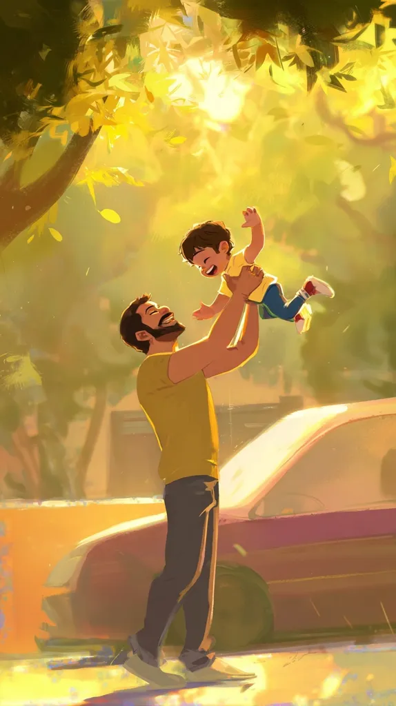 A joyful illustration depicts a father playfully tossing his young son in the air under a sun-drenched tree.  The father, with a beard and wearing a yellow shirt and dark pants, beams with happiness. The child, in blue pants and a yellow shirt, laughs as he's airborne.  Warm sunlight filters through the leaves, casting a golden glow on the scene. A car is partially visible in the background, adding to the everyday setting. The overall style is vibrant and evocative of a happy family moment.