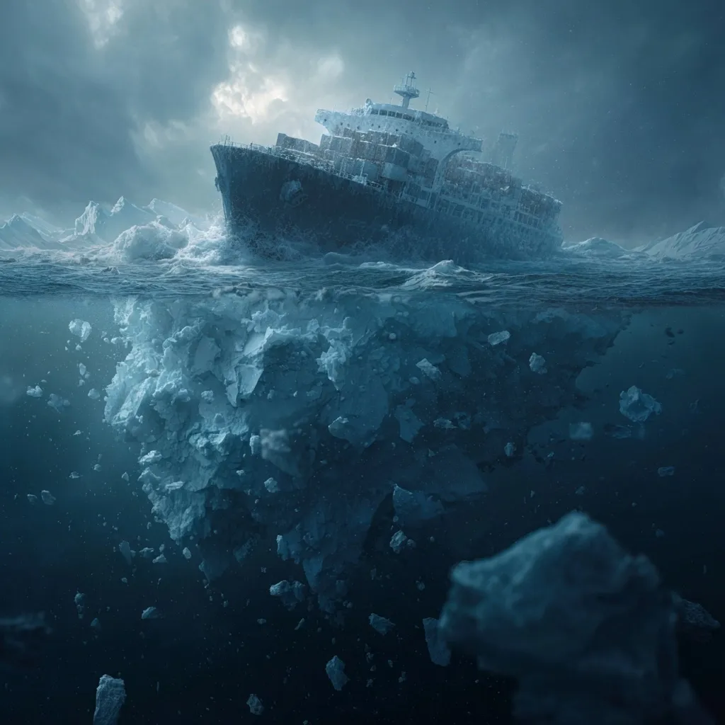 A large cargo ship is partially submerged in icy waters, a dramatic scene split between above and below the waterline.  The ship appears damaged, listing precariously.  Below, a massive iceberg is breaking apart, its fragments swirling in the dark depths.  The overall mood is one of danger and impending disaster, set against a stormy sky.