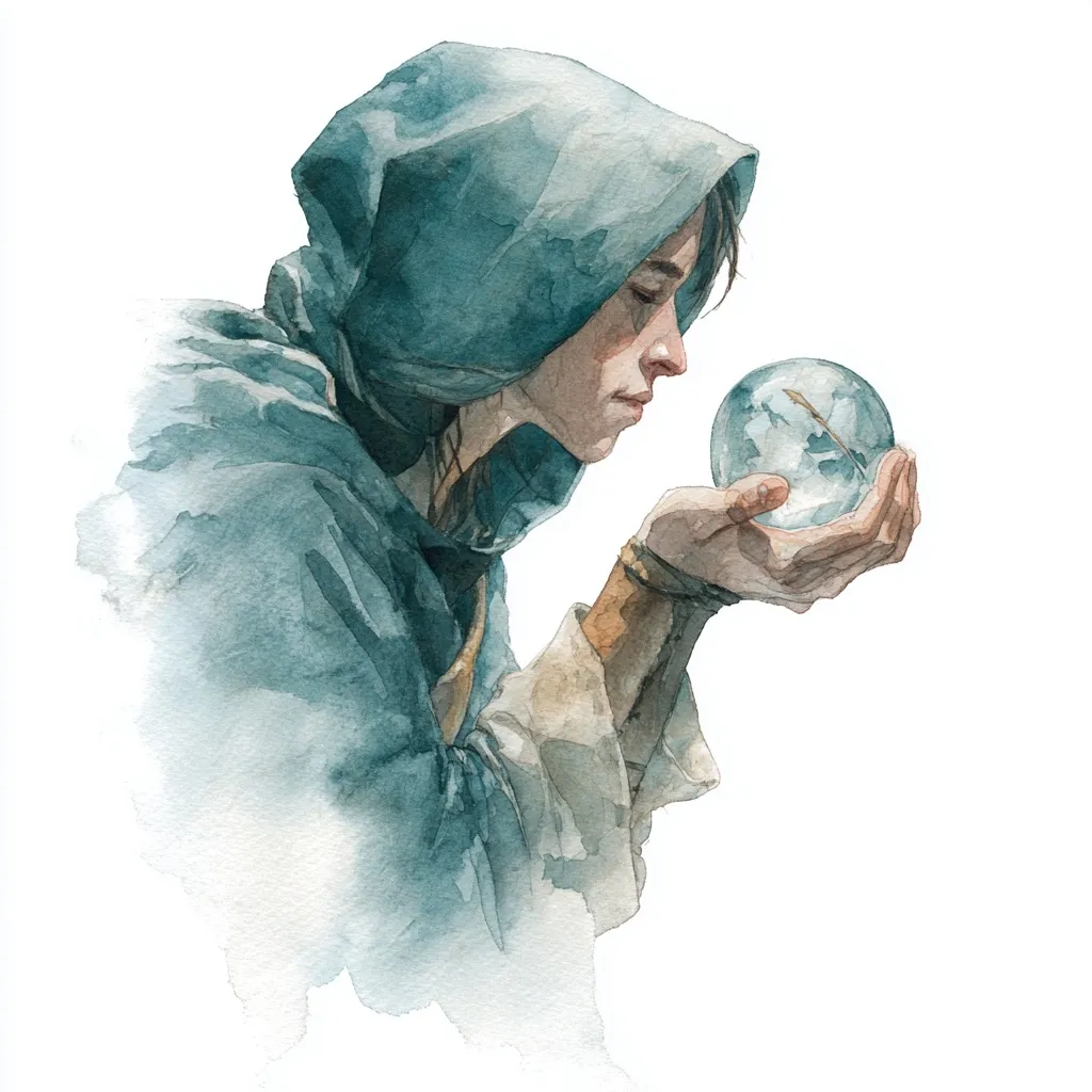 A watercolor painting depicts a hooded figure, possibly a seer or sorceress, gazing intently at a crystal ball held gently in their hands.  The figure is draped in a teal cloak, their expression serene and focused.  The crystal ball seems to contain a faint, internal image. The overall style is soft and ethereal, emphasizing a mystical atmosphere.