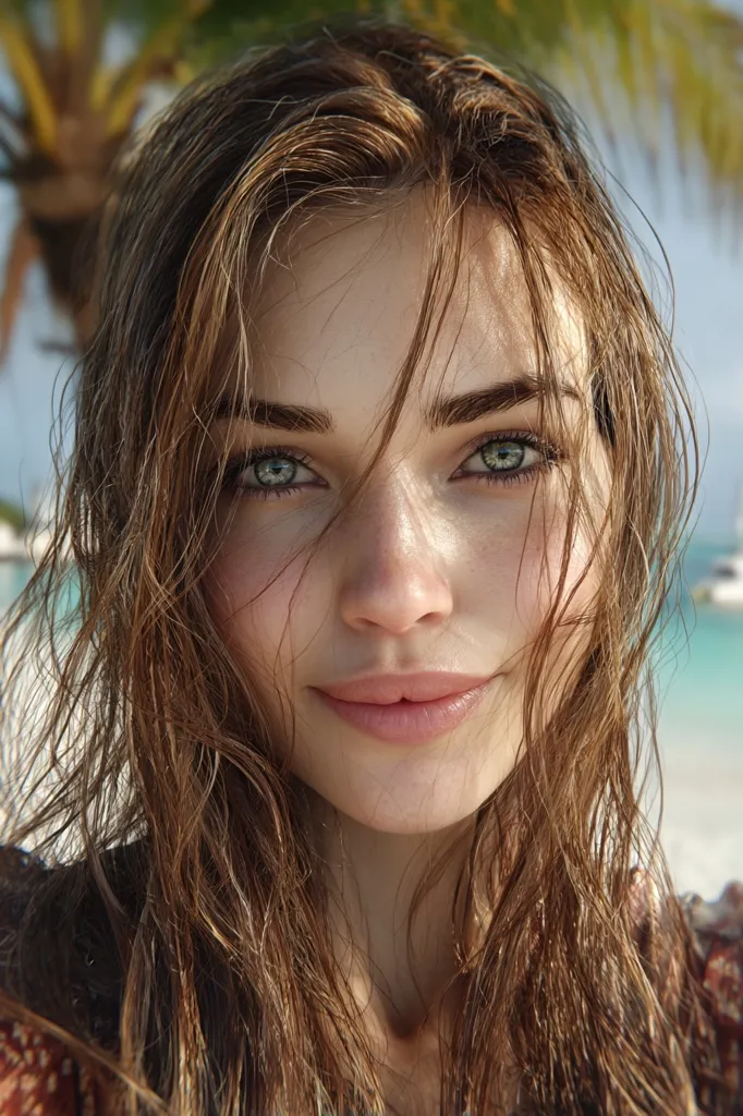 A close-up portrait of a young woman with long, wet brown hair.  Her face is softly lit, highlighting her green eyes and subtly smiling lips.  The background suggests a beach setting, with palm trees and turquoise water faintly visible.  Her hair is tousled and slightly windblown, giving a relaxed, natural feel to the image.
