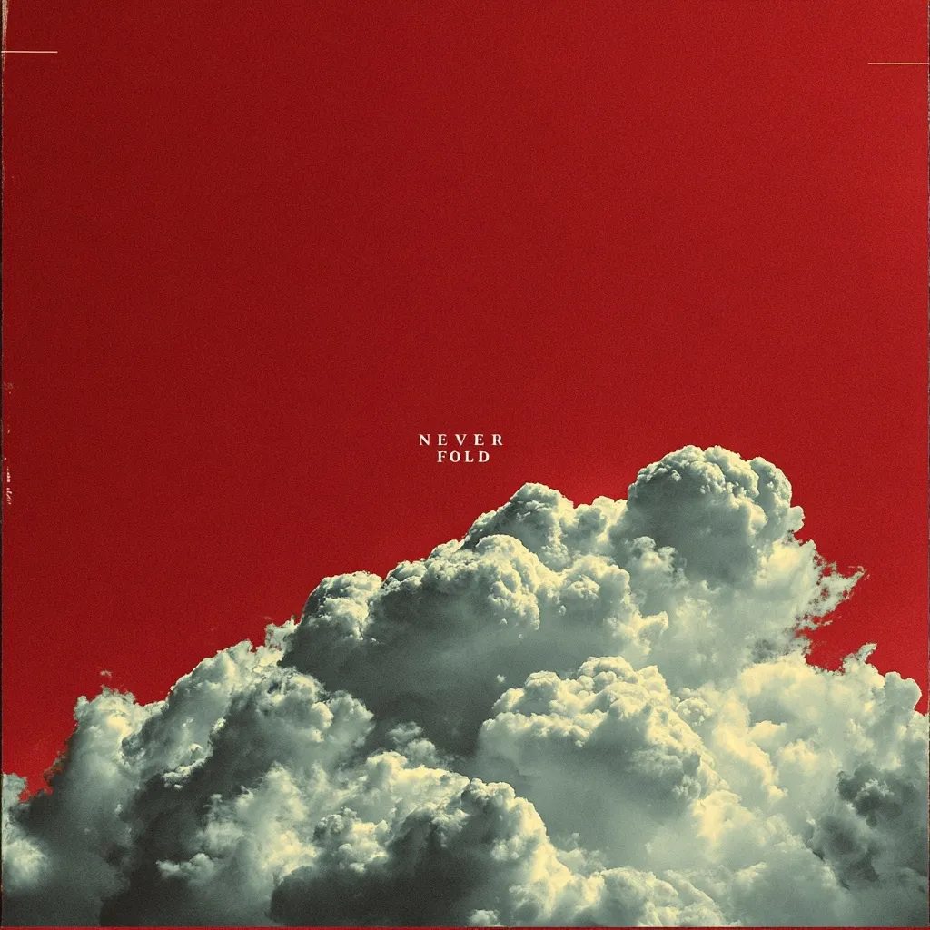 A vibrant red background is partially obscured by a large, textured cumulus cloud at the bottom. The cloud is rendered in muted greens and grays, contrasting with the bold red.  Centered in the red space above the cloud, the words "NEVER FOLD" are inscribed in a minimalist, sans-serif font. The image evokes a feeling of resilience and determination.