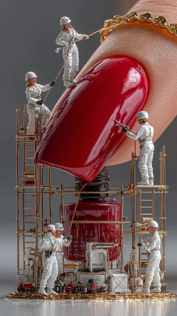 Miniature workers in white suits meticulously construct a large, red nail polish bottle on a complex, gold scaffolding.  They use ropes and tools to carefully position the bottle, which sits beneath a dramatically large, glossy red painted fingernail.  The scene is detailed and surreal, showcasing a whimsical contrast between scale and subject matter.