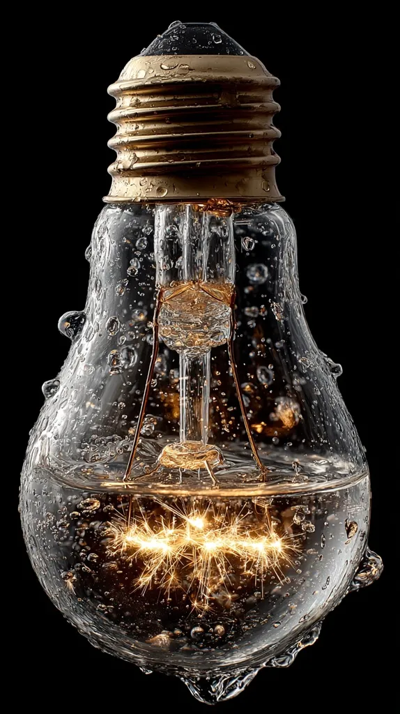 A glass light bulb, filled with water and small air bubbles, is dramatically lit from within.  The water clings to the bulb's surface, creating a distorted, almost liquid appearance.  Inside, bright sparks or miniature fireworks illuminate the water, contrasting with the dark background. The overall effect is surreal and artistic.