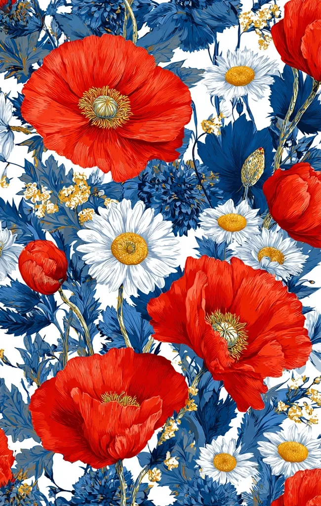 A vibrant floral pattern features large, bold red poppies as the focal point, contrasted against a backdrop of white daisies and deep blue foliage.  The detailed illustration style emphasizes the textures and colors of each bloom.  Smaller red poppy buds and additional blue flowers add depth and complexity to the dense, repeating pattern, creating a lively and visually rich design.