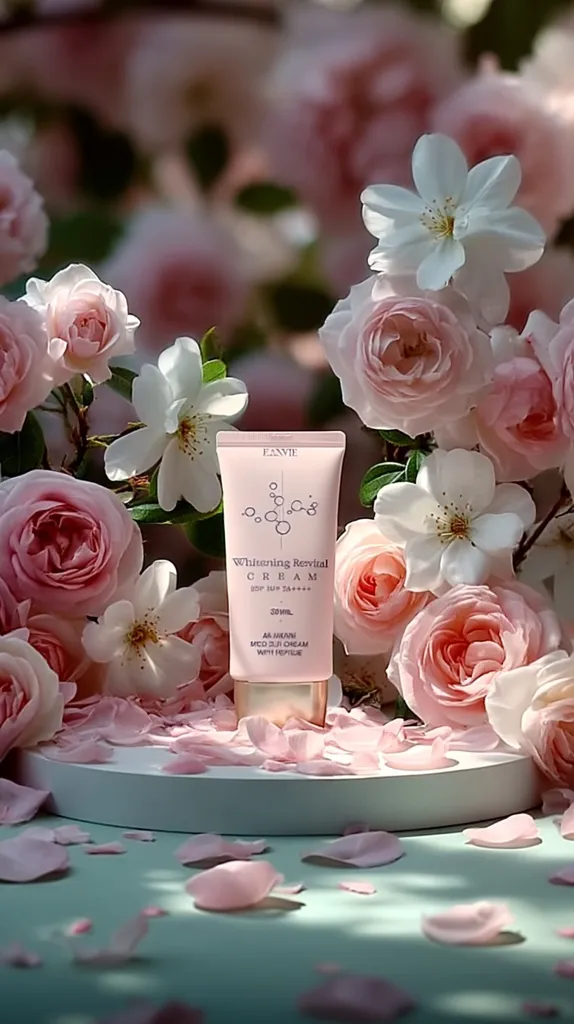 A tube of E.NNIE Whitening Revival Cream sits on a white pedestal amidst a profusion of delicate pink roses and petals.  The cream's packaging is pale pink with gold accents, complementing the floral setting. The scene is serene and suggests the product's association with beauty and natural ingredients. Soft light enhances the romantic atmosphere.
