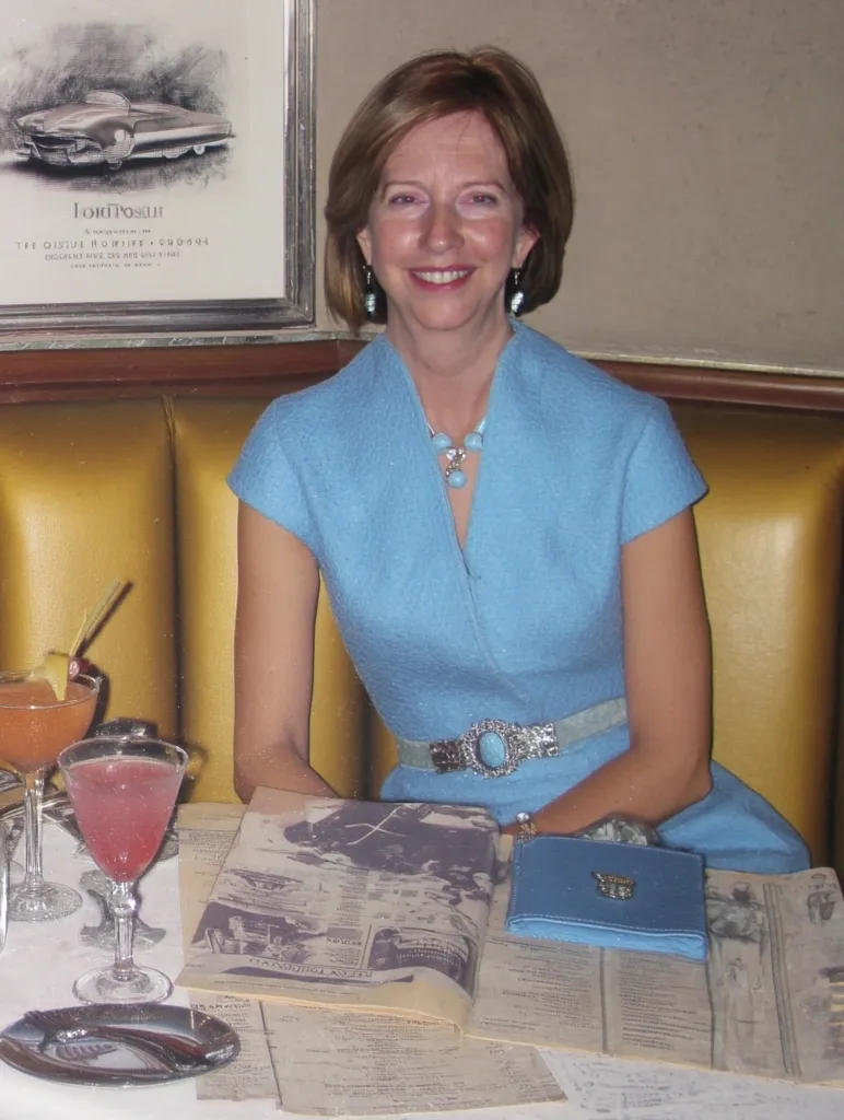 A woman in a light blue dress sits at a booth in a restaurant.  She's wearing a necklace and a belt with a large jeweled buckle.  Menus and newspapers are spread on the table in front of her. Two cocktails are partially visible, one pink and one orange. A framed illustration of a classic car hangs on the wall behind her. The setting appears upscale and retro.