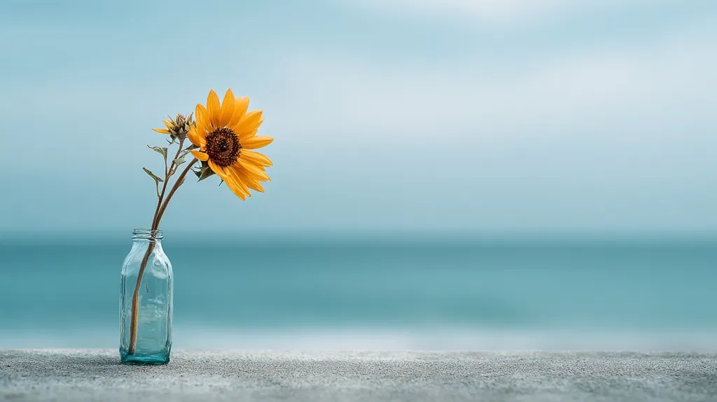 A single sunflower, its vibrant yellow petals catching the light, stands in a small, clear glass bottle. The bottle rests on a textured surface, with a calm, blue ocean stretching out behind it. The overall feel is serene and minimalist, evoking a sense of peace and tranquility.  The blurred background emphasizes the flower as the focal point, creating a simple yet striking image.